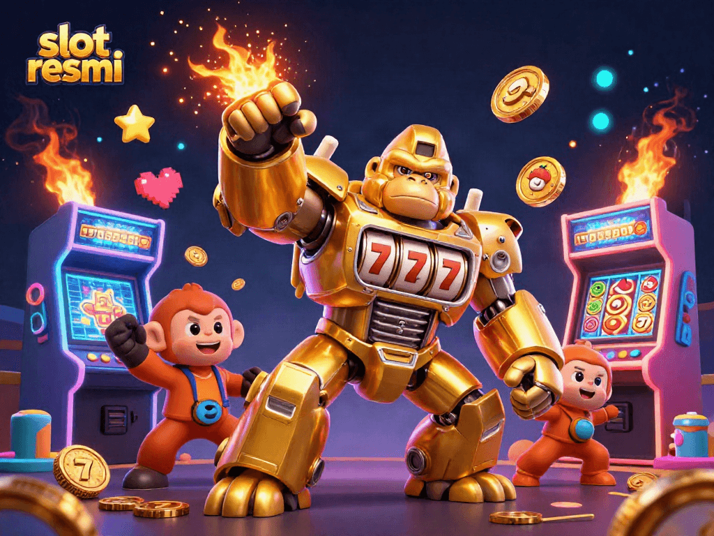 Menangkan jackpot dengan slot resmi! Ilustrasi 3D penuh warna dengan karakter seperti gorila mekanik bertema mesin slot.
