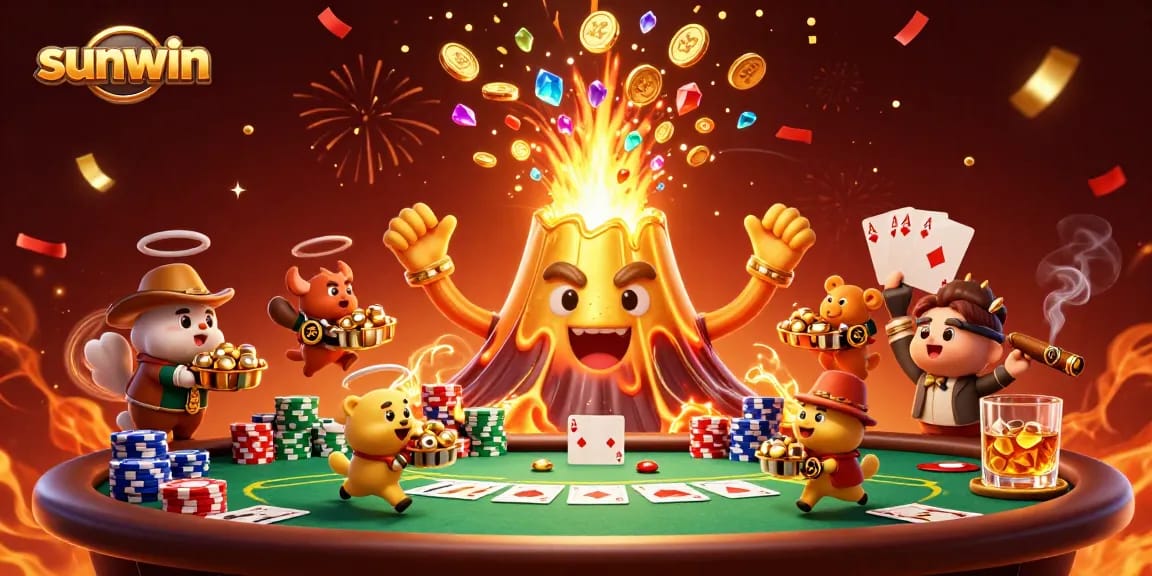 Win big at Sunwin with vibrant 3D illustration of a triumphant volcano and treasure-laden animals.