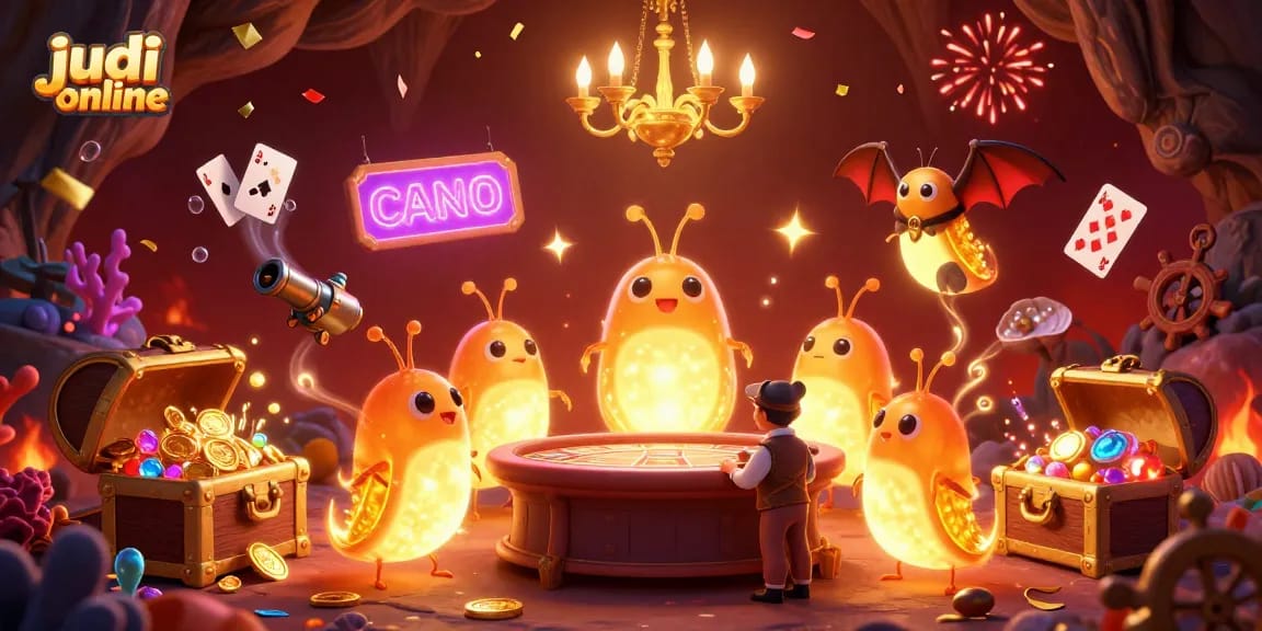 Experience the vibrant thrill of judi online in this unique cave casino scene featuring glowworms and underwater treasures.