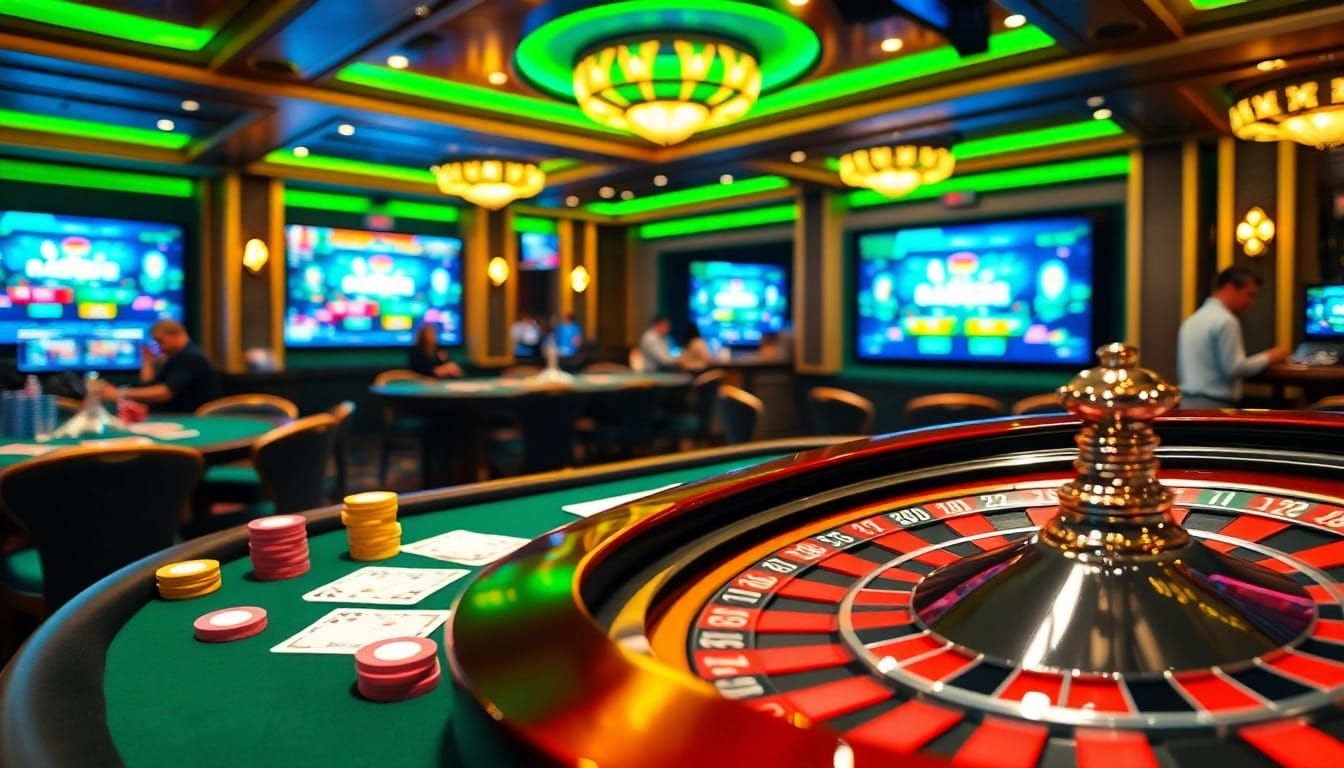Bertaruh di situs gacor dengan meja kasino yang cerah dan chip poker yang hidup.