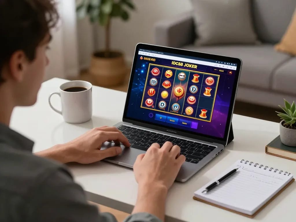 A player engaging with the IDC88 JOKER platform on a tablet, showcasing home gaming strategies and comfort.