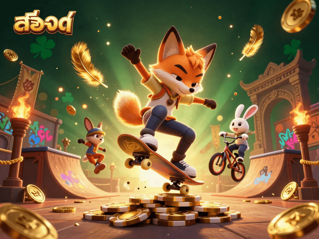 Experience the thrill of สล็อต with a skateboarder fox and BMX rabbit in an energetic casino scene.