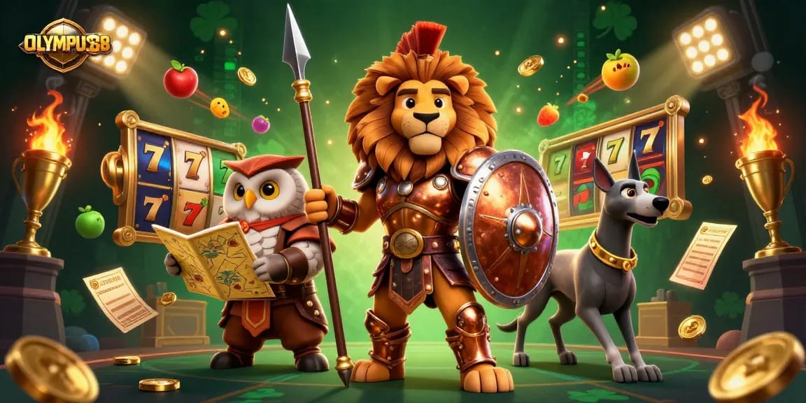 OLYMPUS88 menampilkan lion Spartan bertopi perak di kasino online dengan simbol slot yang berkilauan.