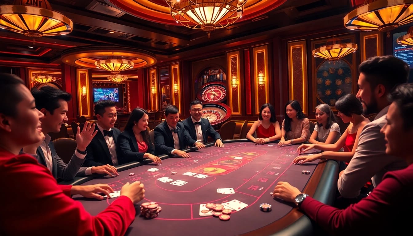 Players enjoying poker at nhà cái 789p in a luxurious casino setting, showcasing excitement and professionalism.