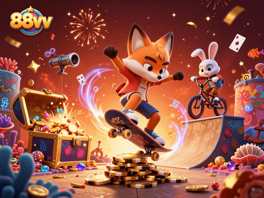 Experience the excitement of 88vv with a vibrant, action-packed casino-themed illustration.