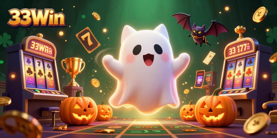 Experience thrilling gameplay with 33Win in a haunted casino atmosphere featuring playful ghost cat and lively slot games.