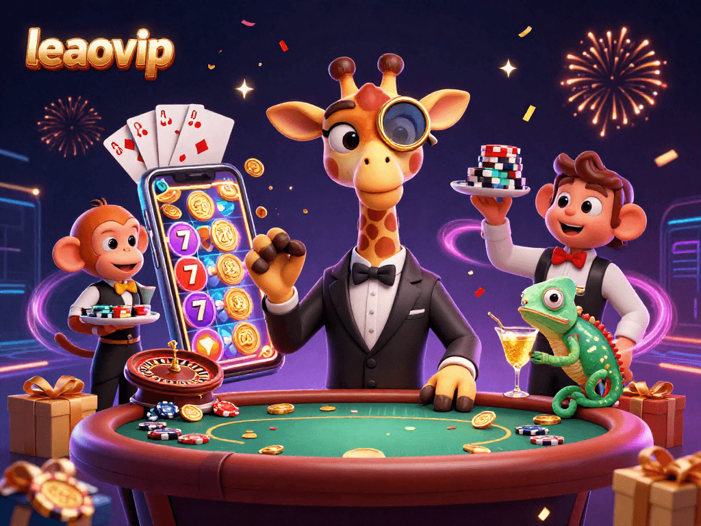 Immerse in the leaovip casino experience with animated characters celebrating around vibrant slot games.