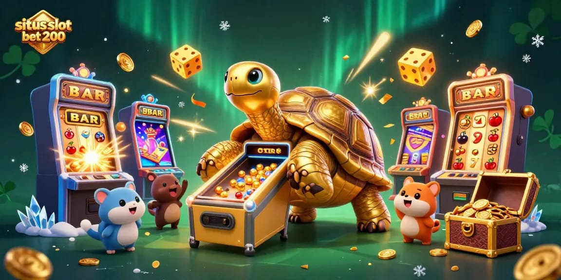Situs slot bet 200 menampilkan mesin slot 3D yang berkilau dengan simbol keberuntungan dan koin emas.