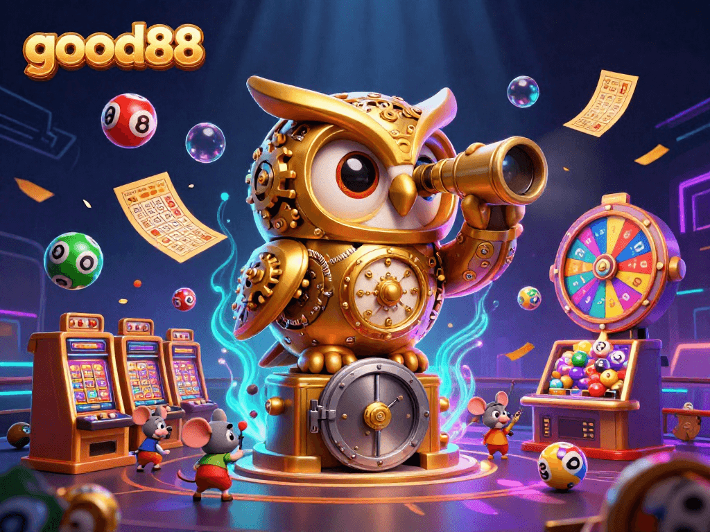 Experience thrilling gaming action at good88 with a vibrant 3D casino scene featuring iconic characters.