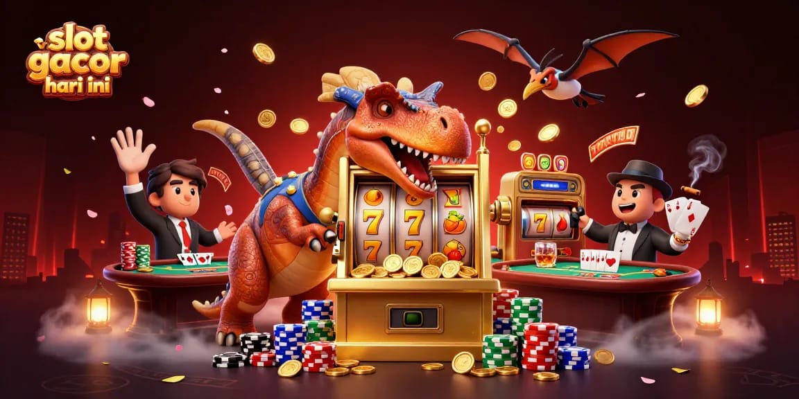 Permainan slot gacor hari ini dengan kepala pachycephalosaurus menabrak mesin slot, koin bersinar terbang.