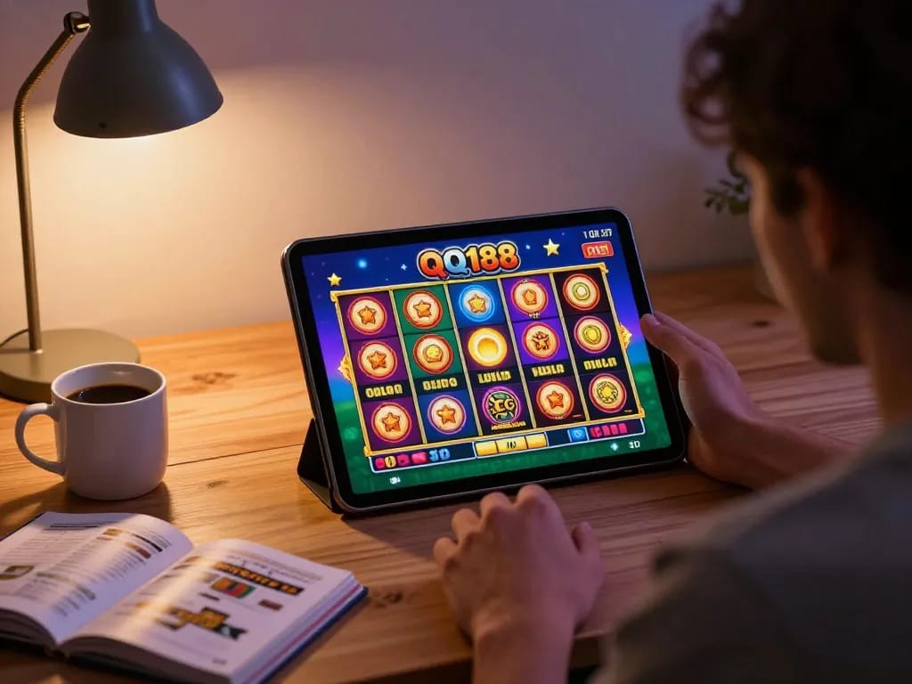 Terlibat dalam sesi Slot QQ188 menggunakan tablet di pengaturan permainan rumah yang nyaman dengan pencahayaan ambient.