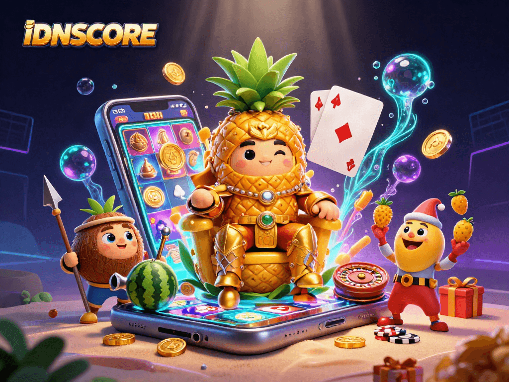 Engage in winning strategies at IDNSCORE with the pineapple king and vibrant casino elements!