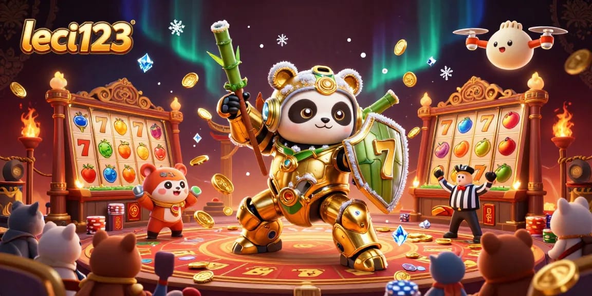 Leci123 offers an exciting casino gaming scene with vibrant 3D characters battling amongst slot reels.