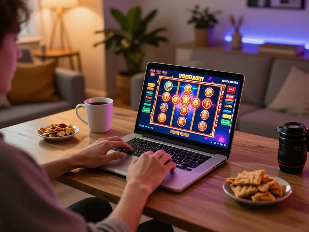 Pemain menikmati slot di OKESLOT dari pengaturan kantor rumah yang nyaman dengan laptop, camilan, dan permainan yang menarik.