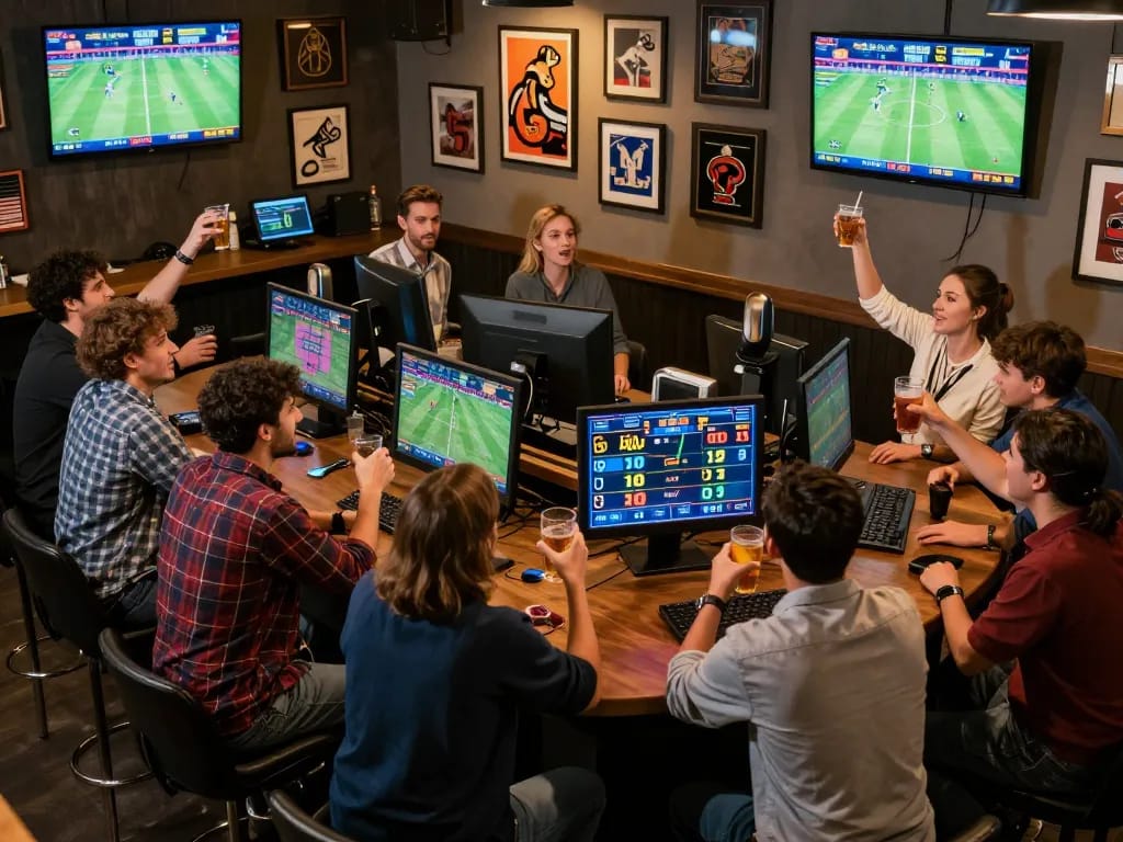 People cheering for their bets at 78win sports betting bar with live screens and drinks