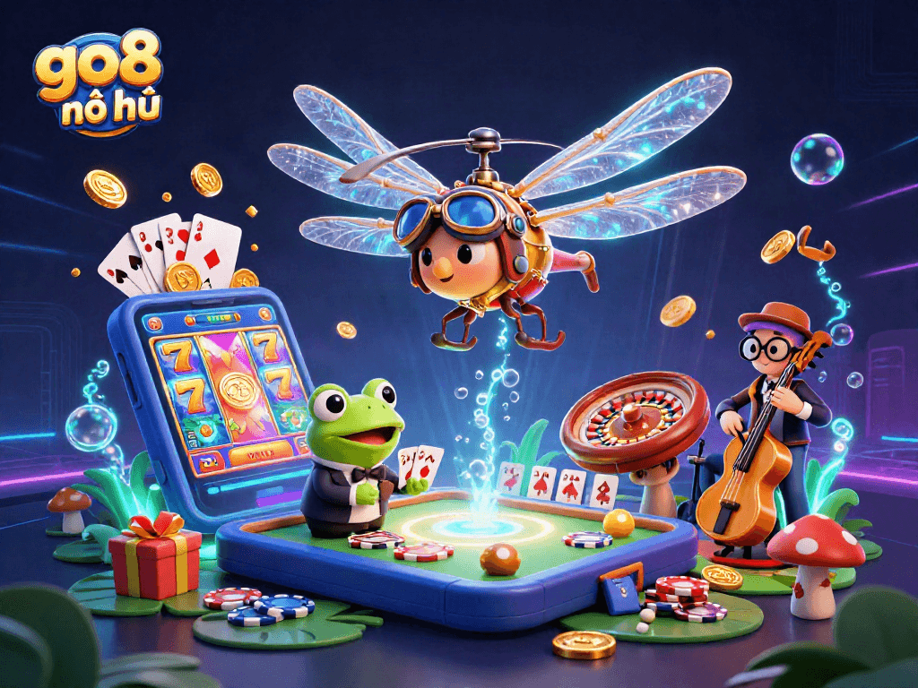 Play go8 nổ hũ with a dragonfly pilot, frog croupier, and jazz musicians in vibrant 3D casino scene.