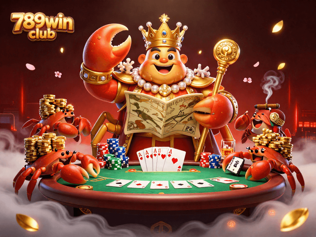 Engage with the vibrant scene of the 789win club featuring a golden crab emperor at a poker table.