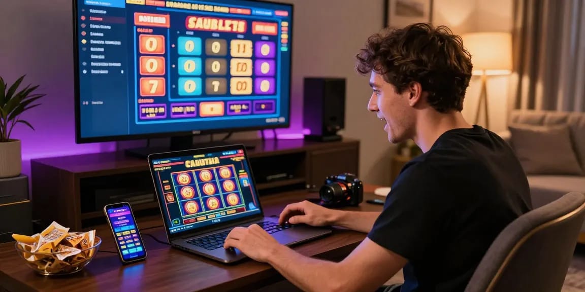 Tisu4d platform dengan pengguna bermain slot online, suasana kasino nyata yang energik.