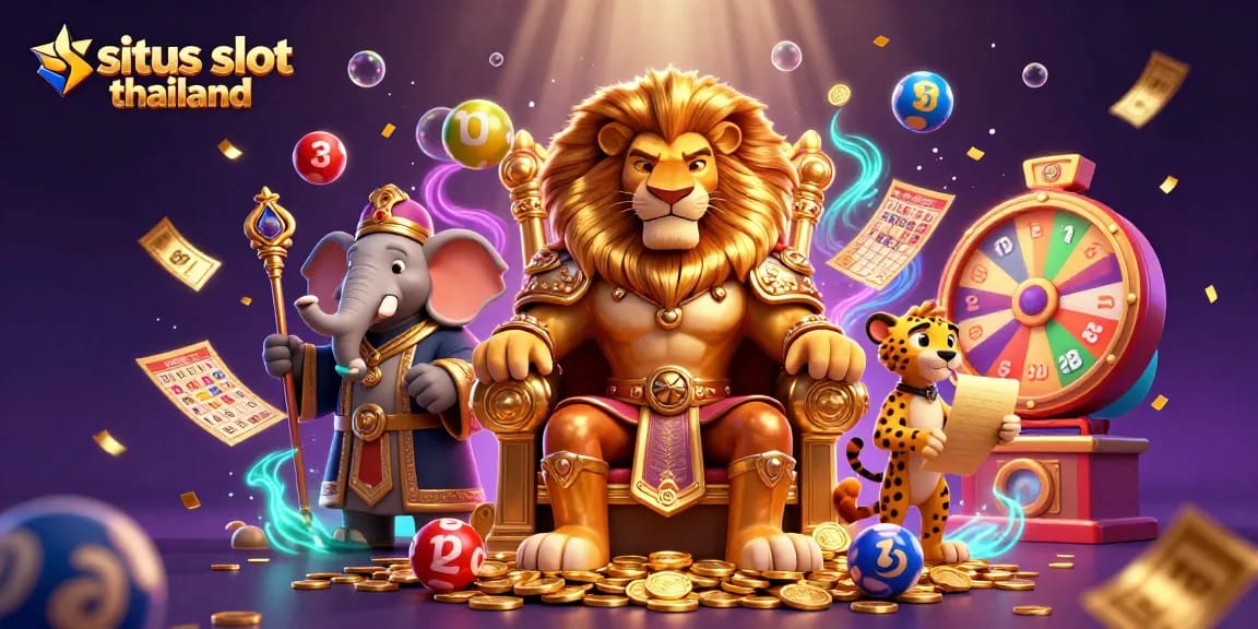 Engage with situs slot thailand through vibrant lottery and slot game elements in a dynamic illustration.