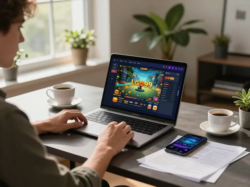 LGO99 mobile gaming scene with user engaged in responsible online casino strategies at home.
