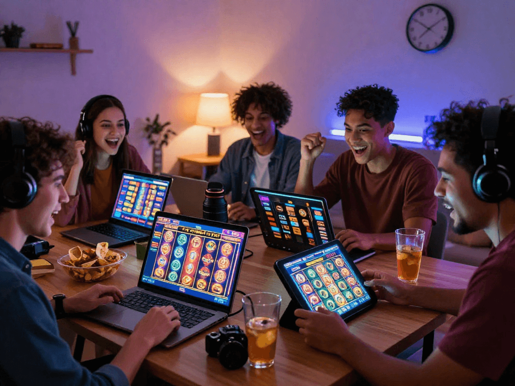 Players enjoying situs slot gacor games on laptops and tablets in a cozy home setting, showcasing excitement and vibrant graphics.