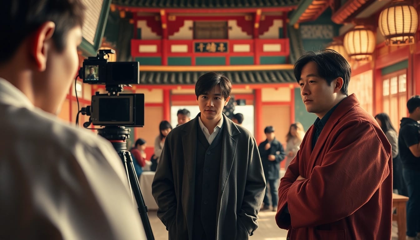 Menggambarkan karakter film semi jepang yang beraksi di set produksi.