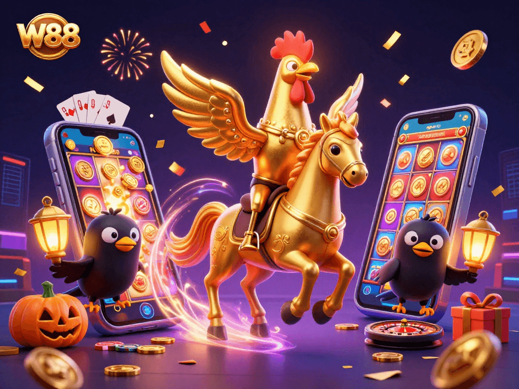 Experience the thrill of W88 gaming with a golden rooster riding a spectral horse amid festive casino elements.