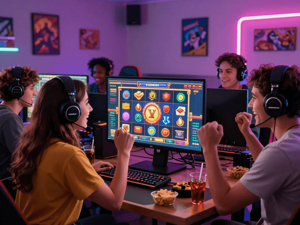 Keseruan bermain situs slot dengan teman-teman di ruang permainan penuh warna.