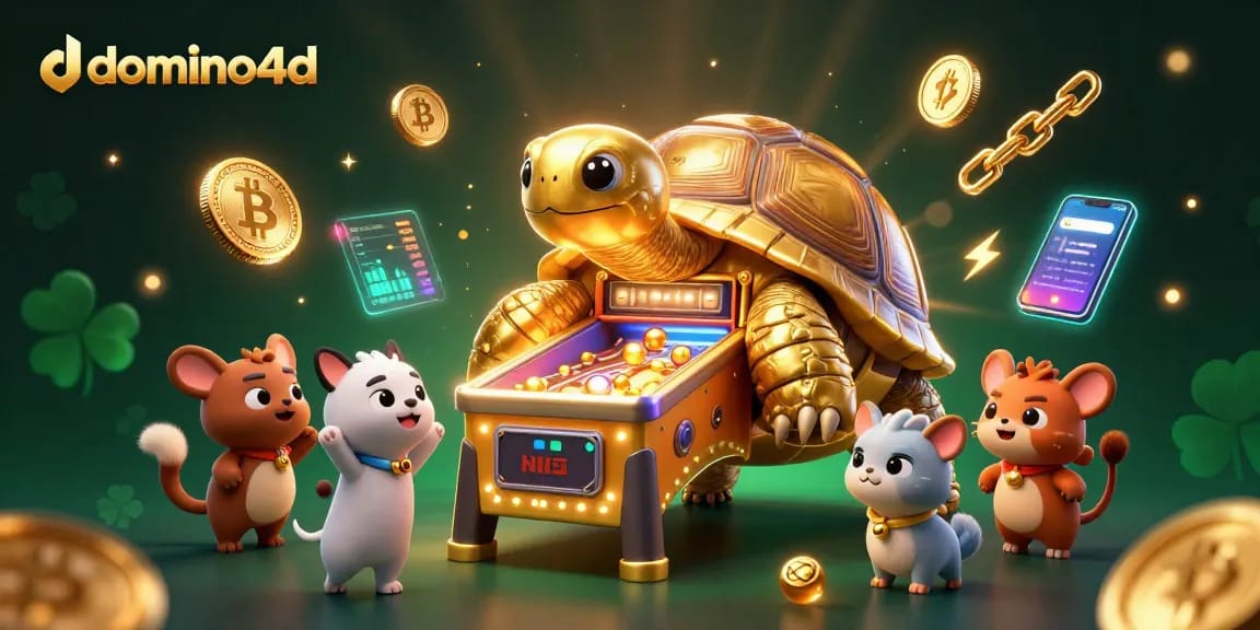 Permainan domino4d interaktif dengan kura-kura pinball dan koin kripto yang bersinar.