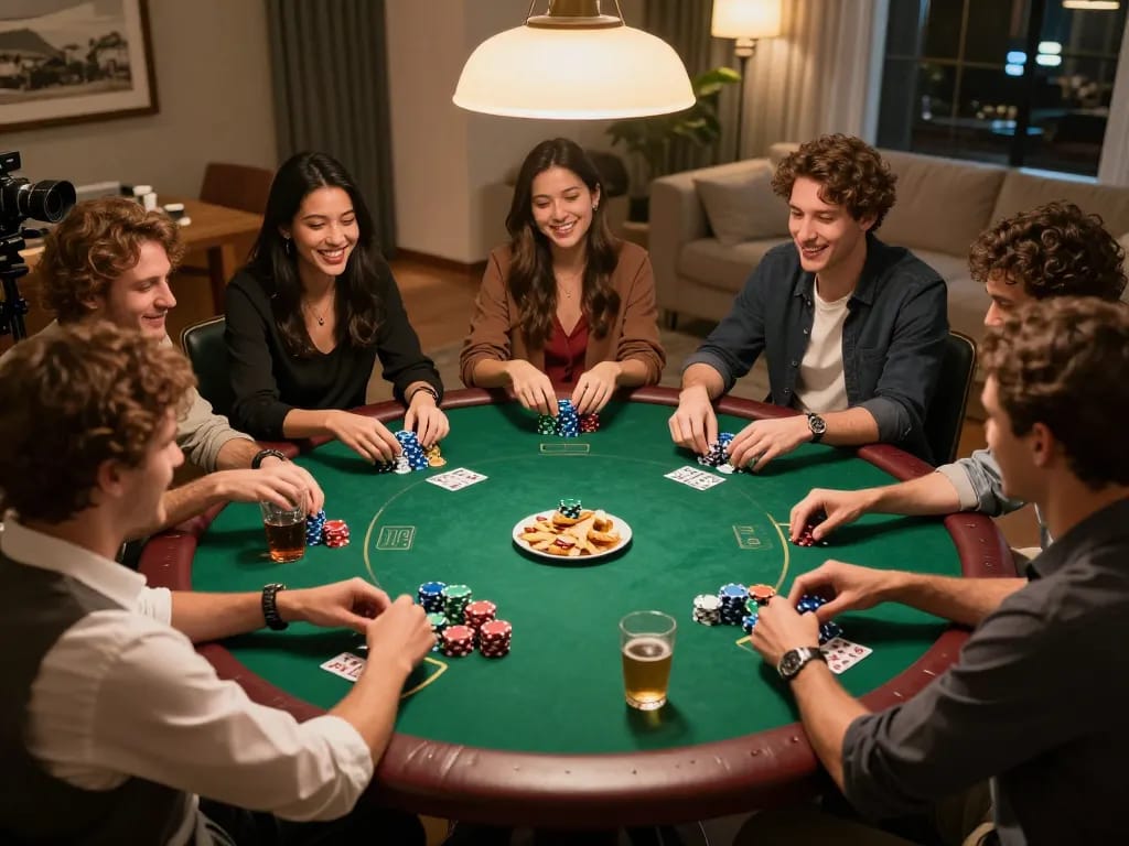 LGO GOAL poker night with friends at a round table showcasing colorful chips and drinks, capturing the excitement of friendly gambling.