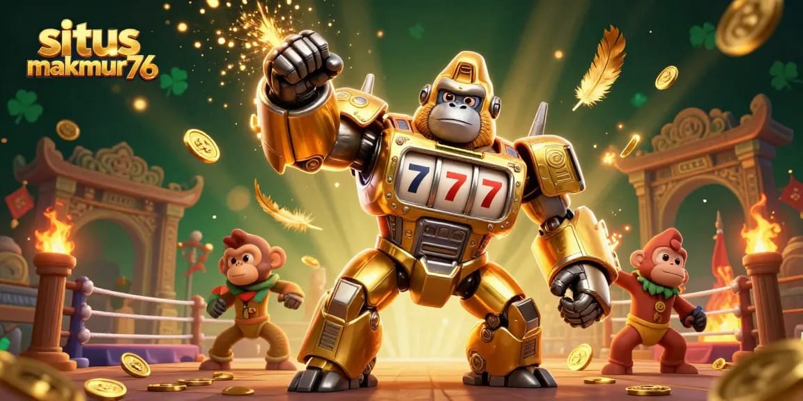 Situs makmur76 launches a thrilling golden gorilla mech in action, amidst a vibrant casino scene.