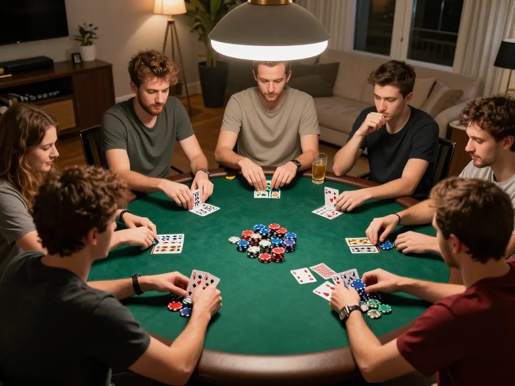 IDCJOKER players engaging in a lively poker game, showcasing chips and cards.