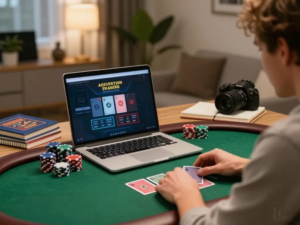 Orang yang menguasai strategi poker di rumah dengan pengaturan permainan alexis500 untuk permainan yang fokus.