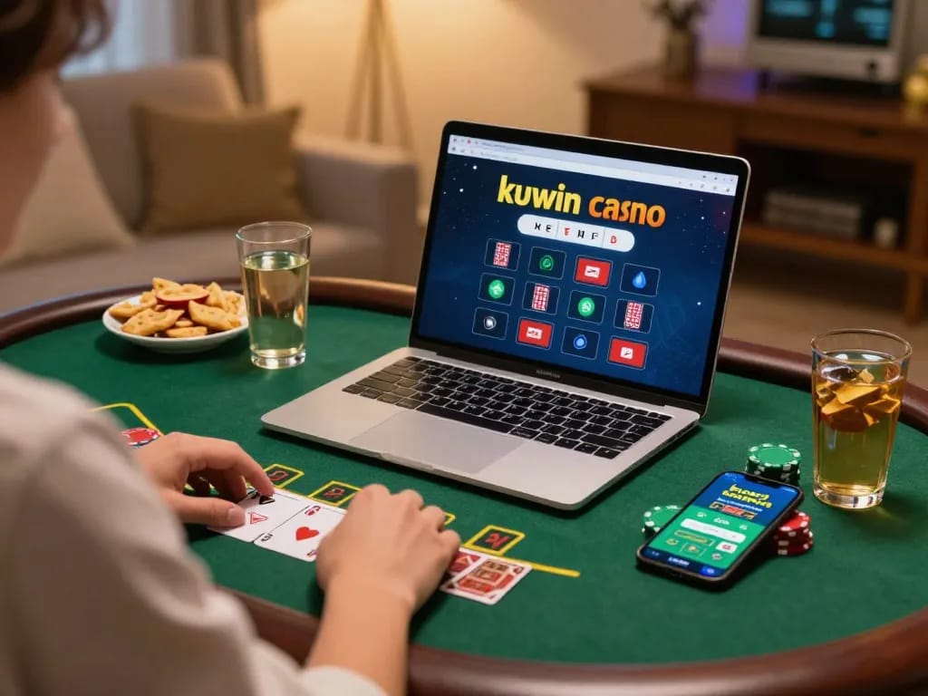 Kuwin gaming setup with live dealer blackjack on laptop, snacks, and smartphone.