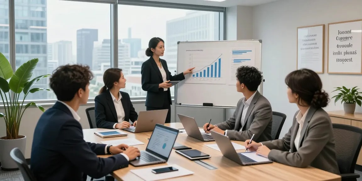 Tim profesional dalam rapat strategi, membahas analisis SGA33 dengan data visual di papan tulis.