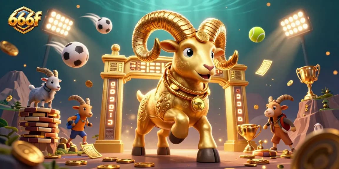 Experience the thrill of winning at 666f with a dynamic scene of cartoon gold ram and sports elements.