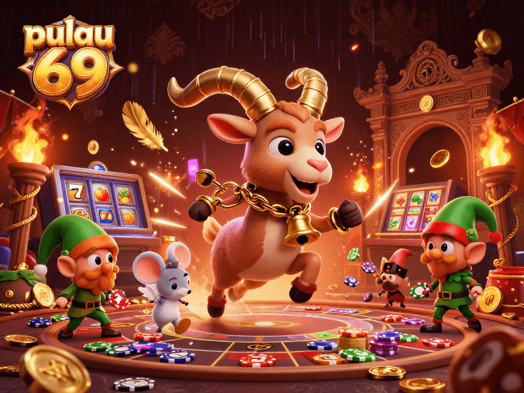 Engage in festive gaming adventures at pulau 69 with a spirited Krampus in a bustling casino scene.