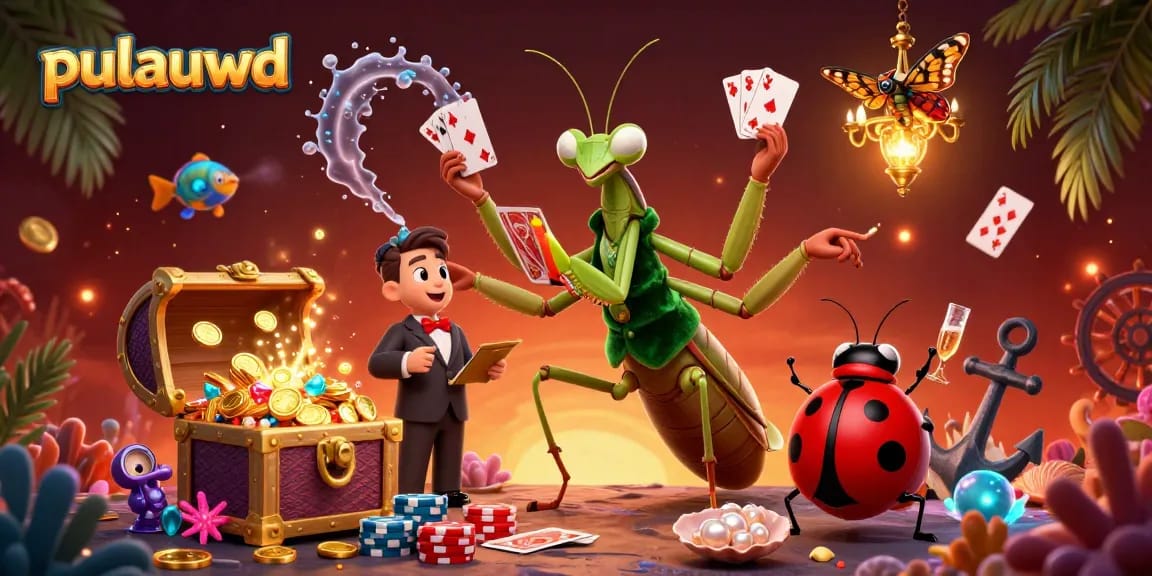 Engage with pulauwd's vibrant card game scene featuring animated characters and underwater treasures.