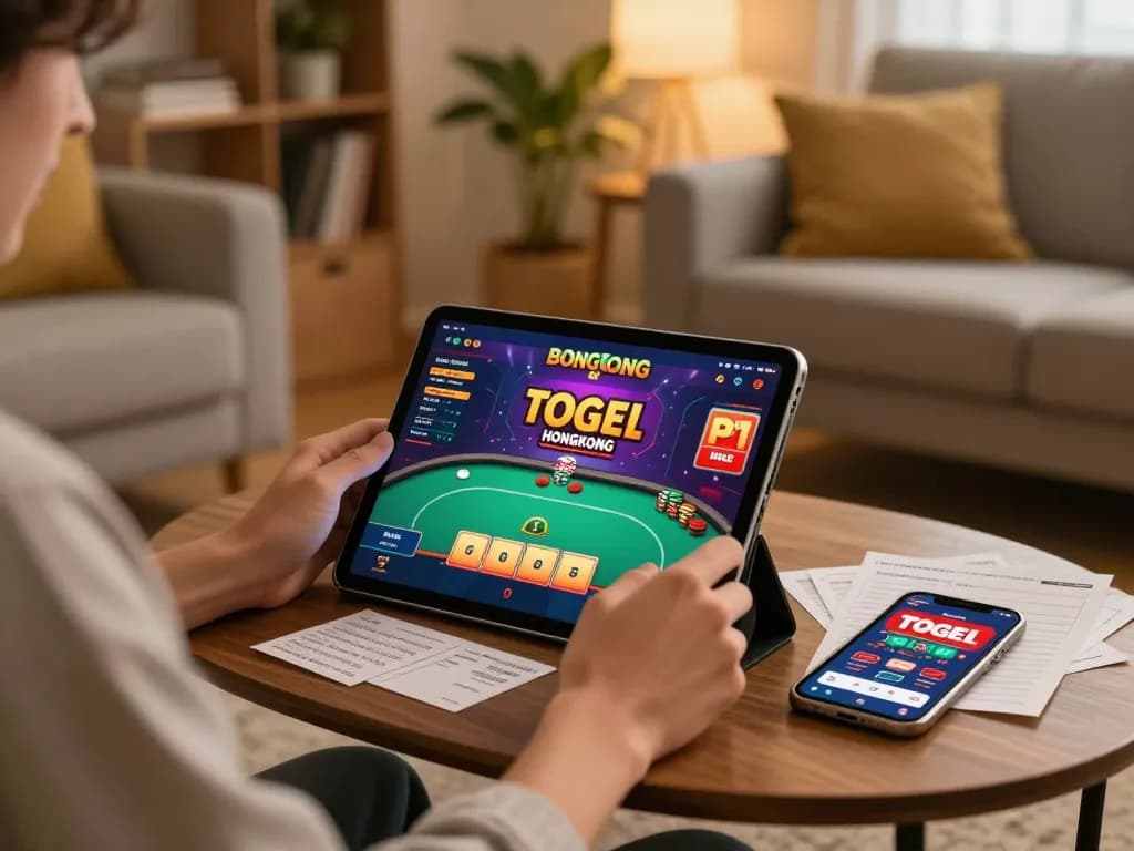 Engaging gameplay of togel hongkong on a tablet in a cozy living room setting, showcasing strategic betting.