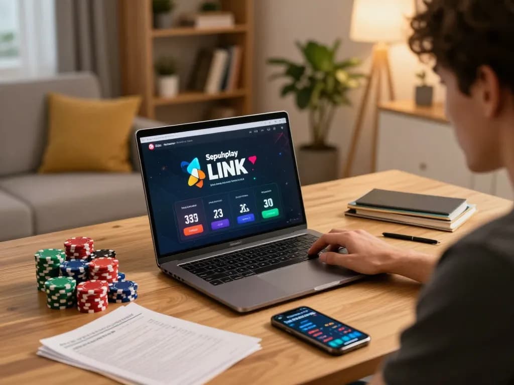 Pemain berinteraksi dengan Tautan Sepuhplay di laptop, menampilkan chip poker dan catatan strategi dalam pengaturan rumah yang nyaman.