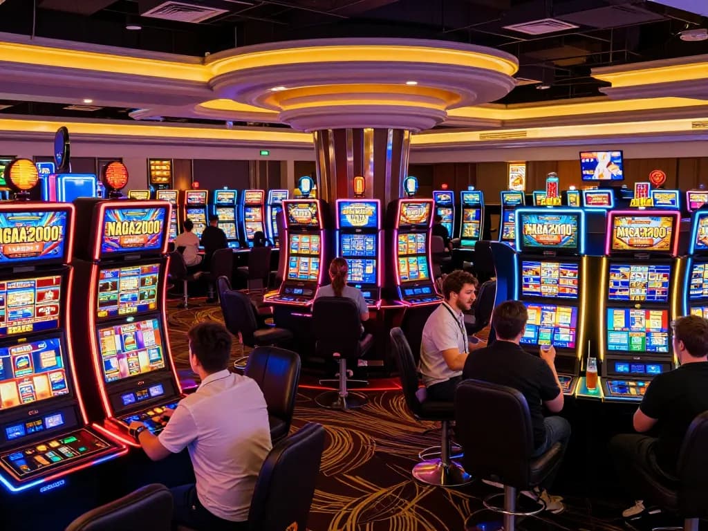 NAGA2000 players enjoying the excitement of vibrant slot machines at a bustling casino floor.