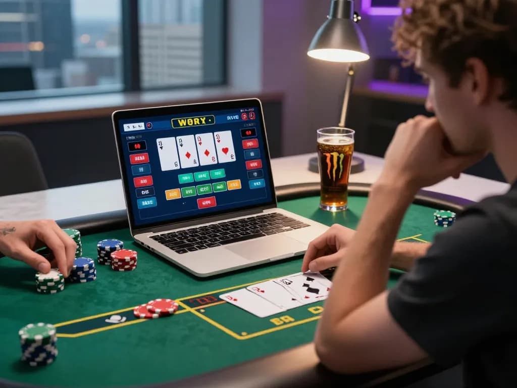 LGO GOAL player's intense strategy session during an online poker game with vibrant card display