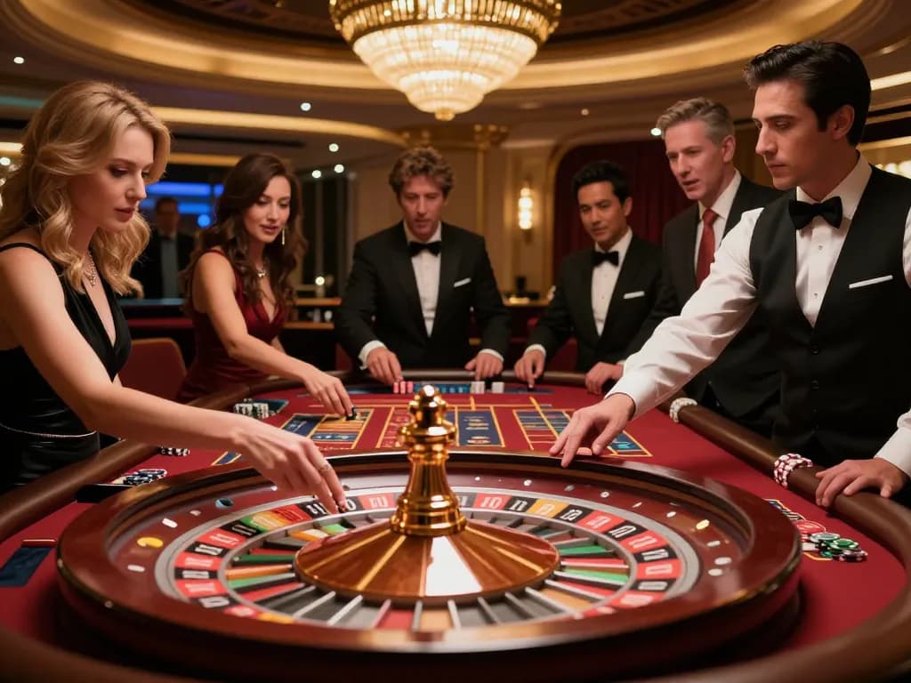 Experience the thrill of betting in UG DEWA roulette, with players engaged in strategic gameplay at a luxurious table.