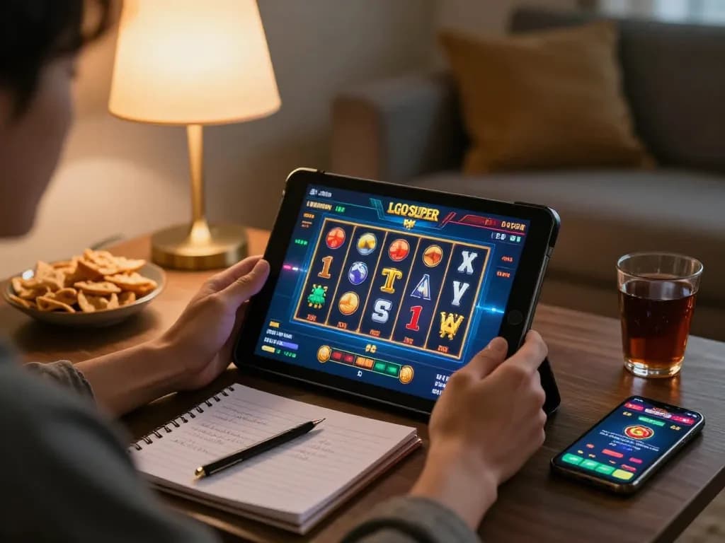 Engaging in LGO SUPER online gaming session showcasing vibrant slot reels on tablet interface.