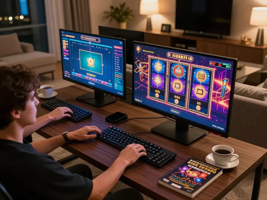 Player engaging in online casino games at home showcasing jangkar55 platform with multiple screens.