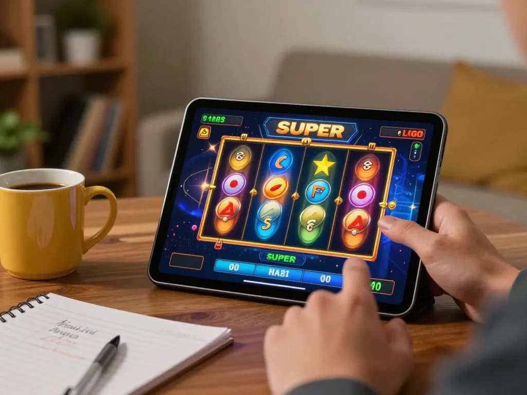 LGO SUPER slot game displayed on tablet during intense online gameplay session
