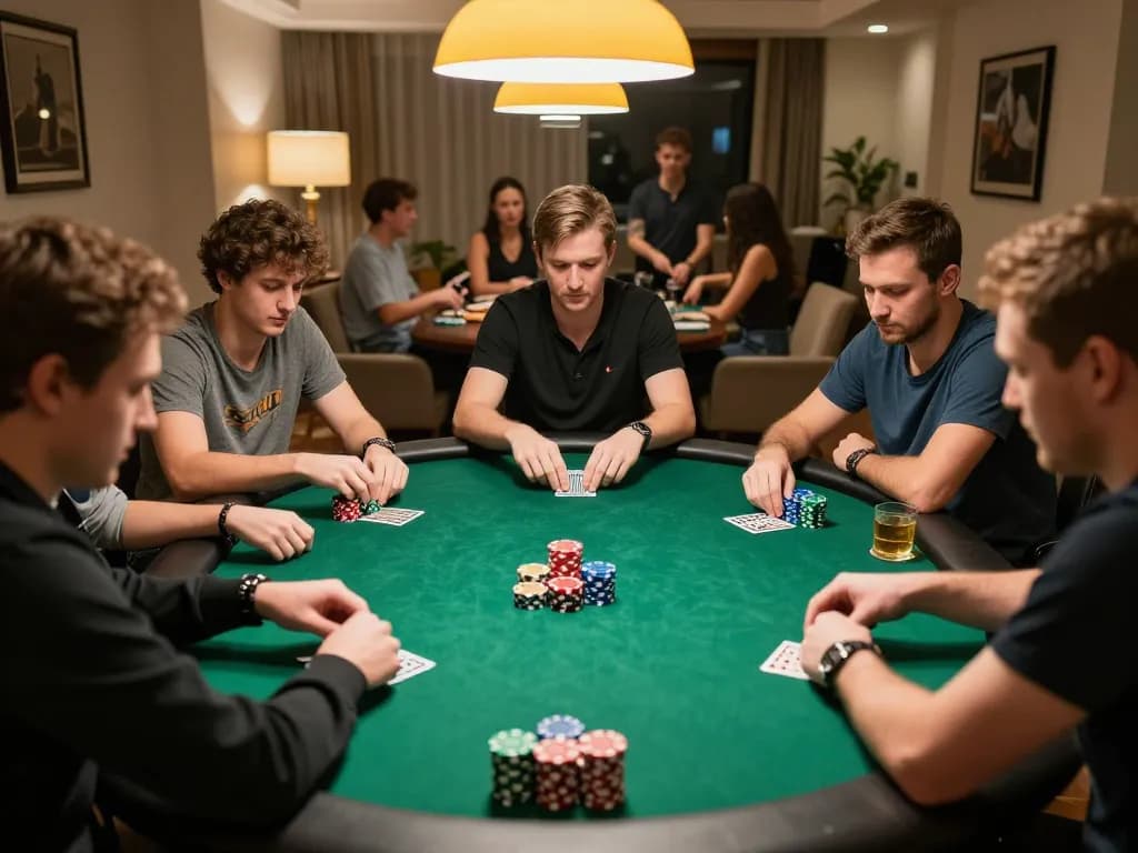 KADAL 778 players engaging in an intense poker game in a warm home setting, showcasing strategy and social bonding.