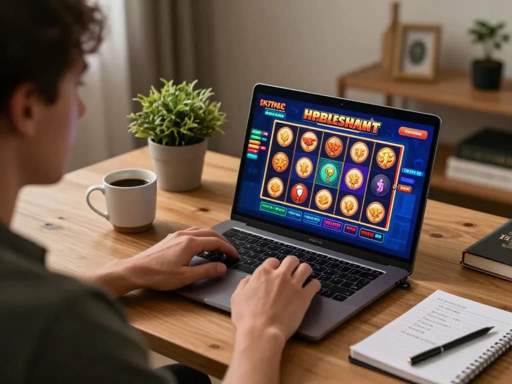 Berpartisipasi dalam permainan slot online di rumah menggunakan hwg500 link di laptop dengan tampilan layar yang cerah
