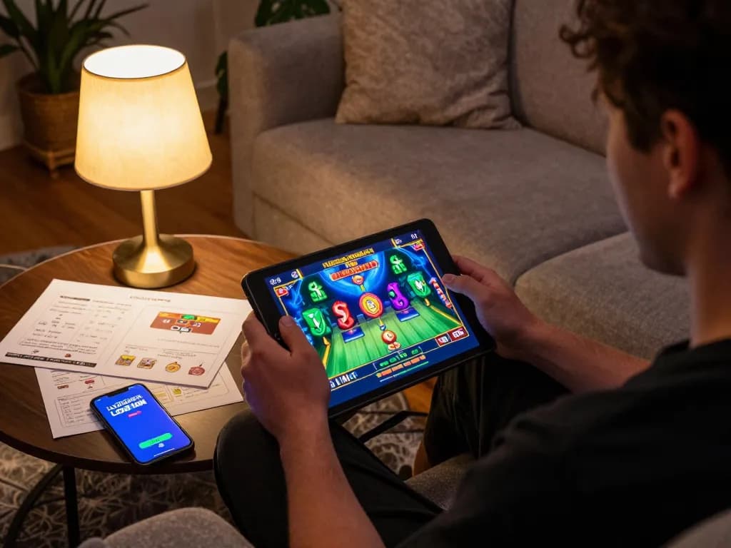 Engaging in online gaming with LGOSUPER LOGIN app on tablet while relaxing at home