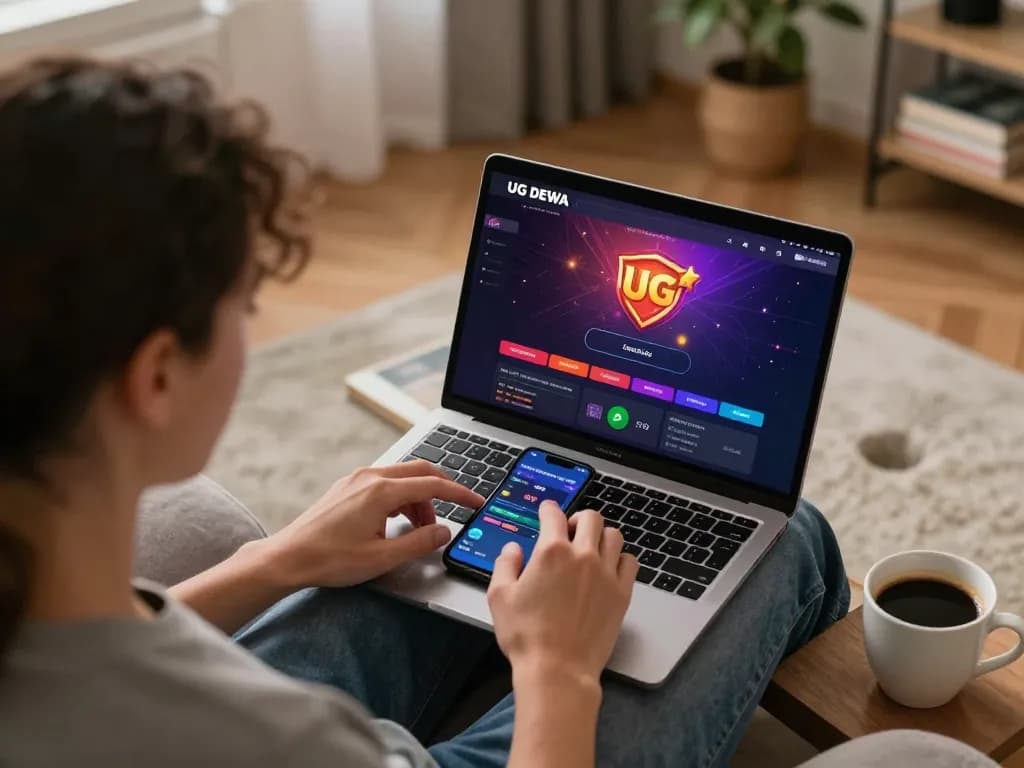 Engaging user playing on UG DEWA gaming platform in a cozy home setting with laptop and smartphone.